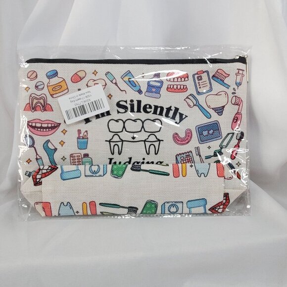Dental-Themed Cosmetic Bag Canvas Zipper Pouch "Im Silently Judging Your Teeth" - Picture 3 of 5